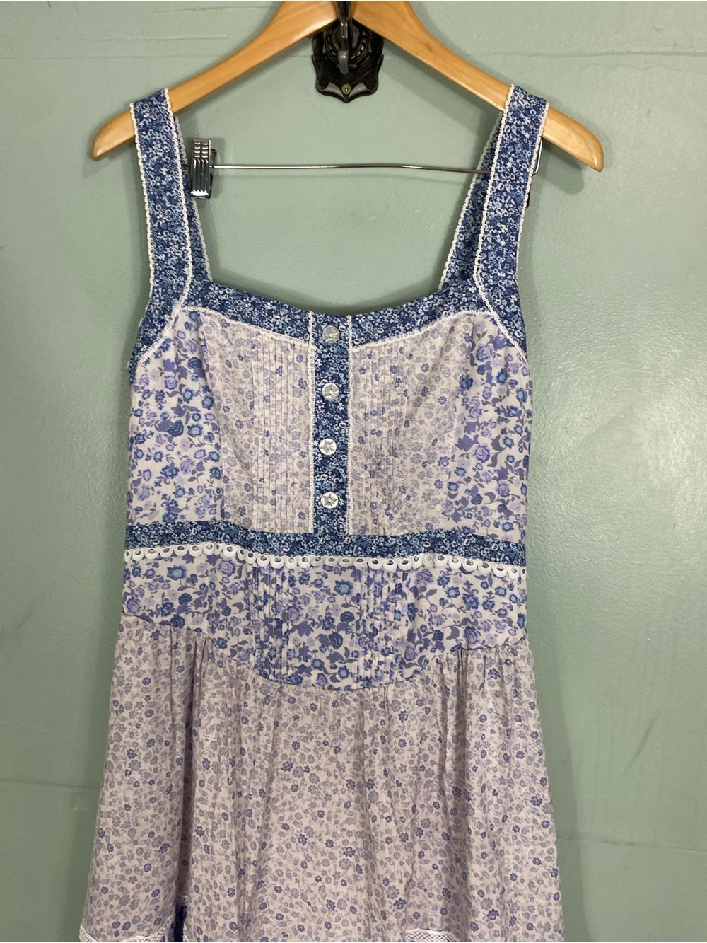 Anthropologie Printed Pintuck Sleeveless Dress Tiered Sundress Blue Sz L Floral - Picture 3 of 6